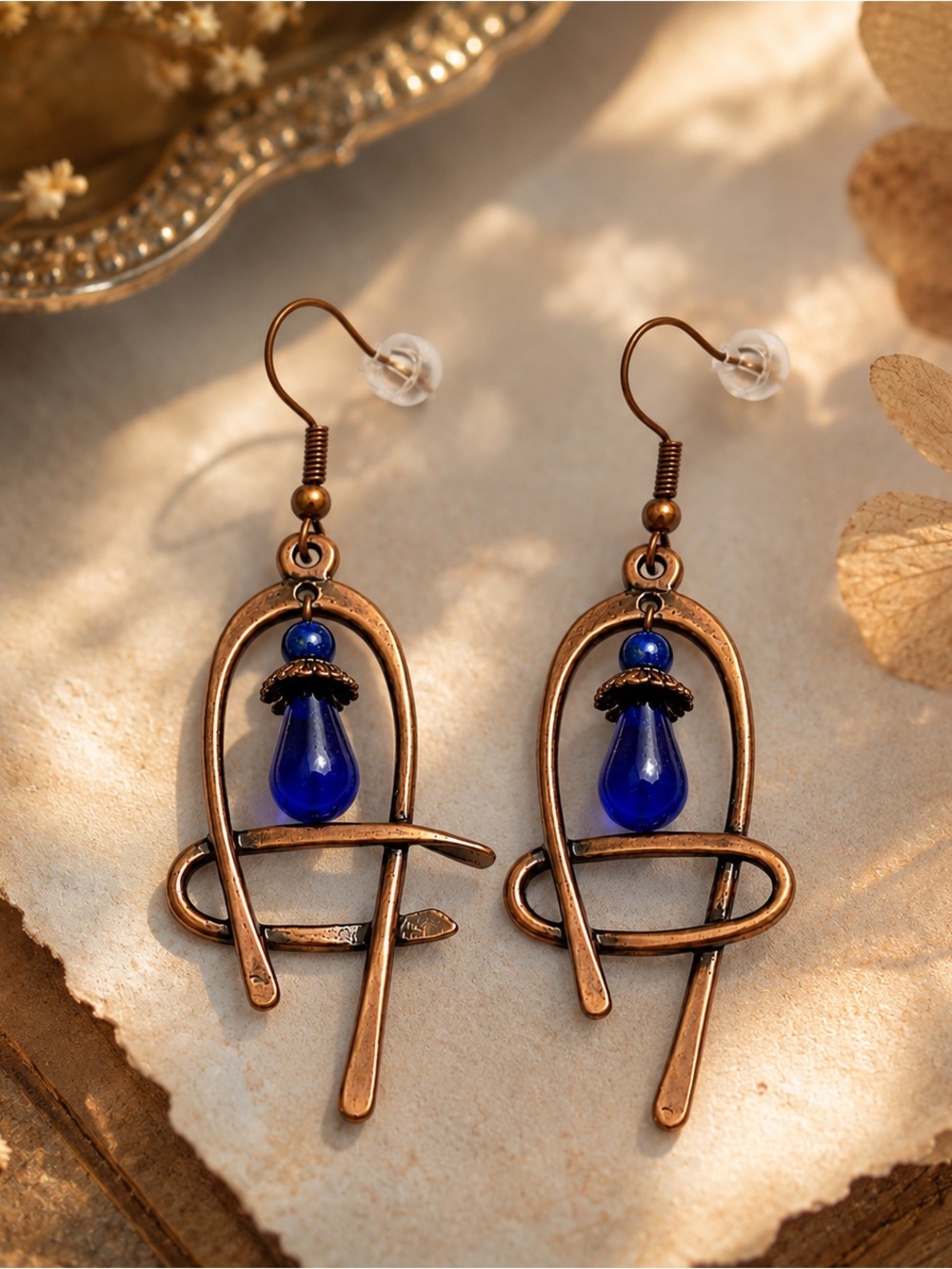 Hand Crafted Earrings 
Boho Artisan Copper Earrings with Glass Beads – Organic